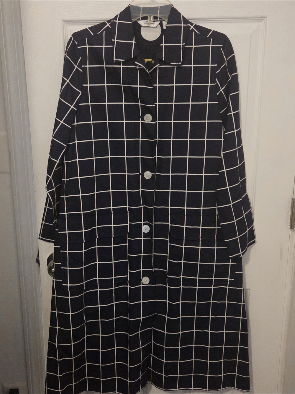 Liz Claiborne Navy and White Windowpane Button-Up Top